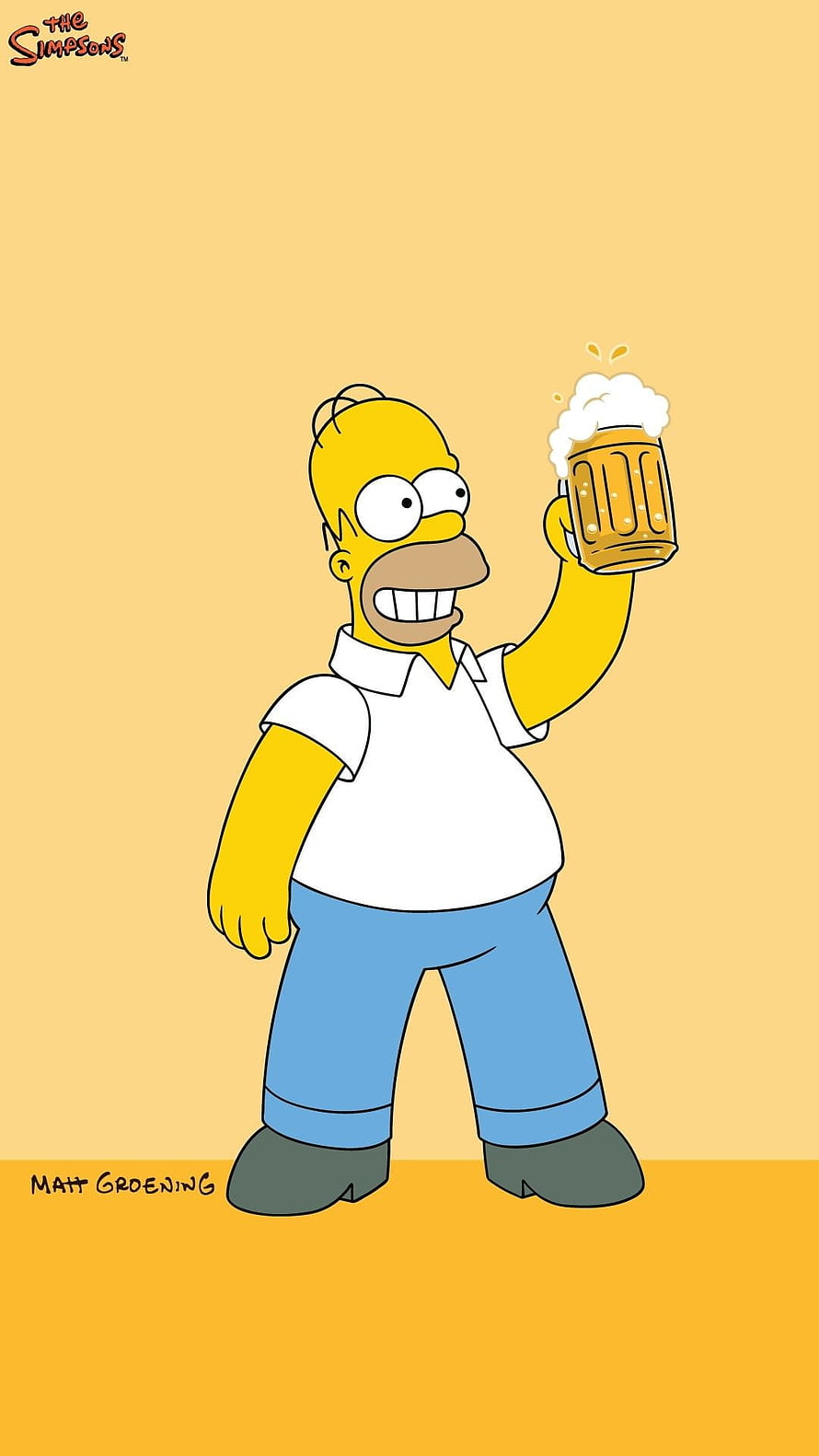 Homer Simpson Raising a Foaming Beer Mug in Classic Yellow Cartoon Style HD phone wallpaper