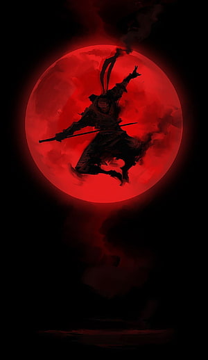Silhouette of a leaping samurai warrior wielding a katana against a massive glowing red moon in a dark fantasy style HD phone wallpaper