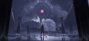 Genshin Impact Character Standing in Rainy Ruins Under Glowing Red Eye HD wallpaper
