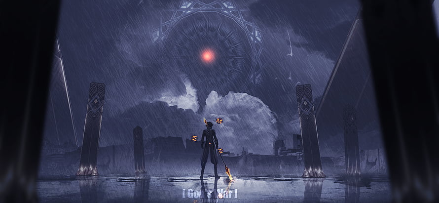 Genshin Impact Character Standing in Rainy Ruins Under Glowing Red Eye HD wallpaper