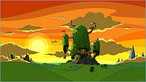 Adventure Time Tree Fort at Sunset with Rolling Hills and Distant Mountains HD wallpaper