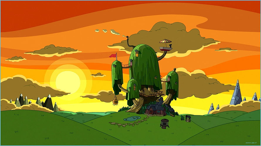 Adventure Time Tree Fort at Sunset with Rolling Hills and Distant Mountains HD wallpaper
