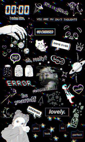 Glitch Art Aesthetic Collage With Anime Girl, Space Elements, and Retro Text Overlays HD phone wallpaper