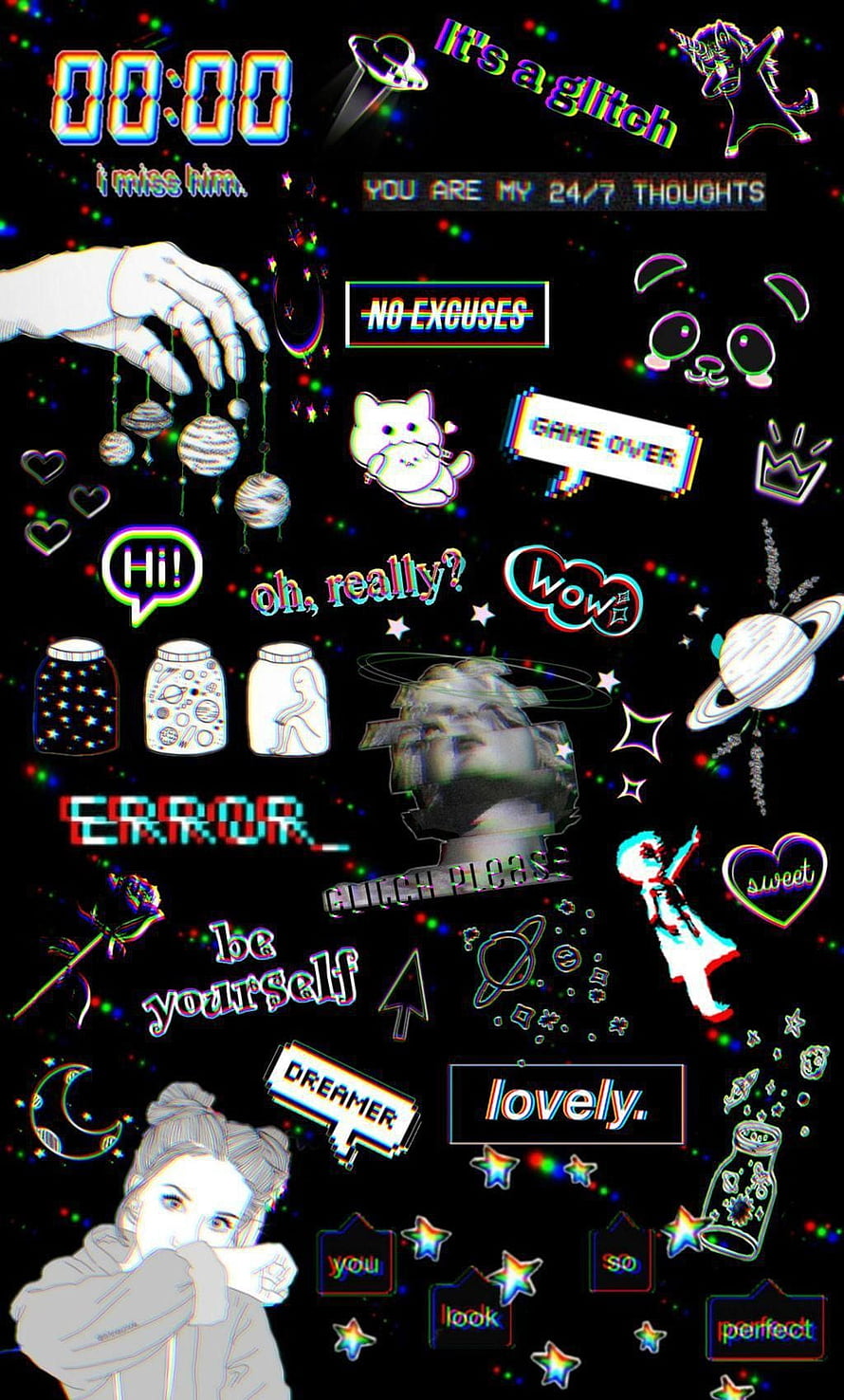 Glitch Art Aesthetic Collage With Anime Girl, Space Elements, and Retro Text Overlays HD phone wallpaper