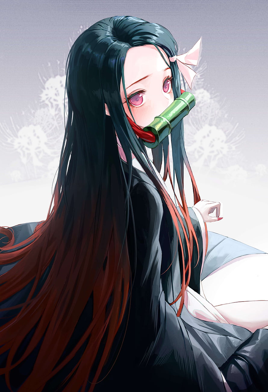 Nezuko Kamado from Demon Slayer with bamboo muzzle and flowing hair in traditional attire HD phone wallpaper