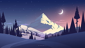 Serene Night Mountain Landscape With Crescent Moon And Pine Forest HD wallpaper