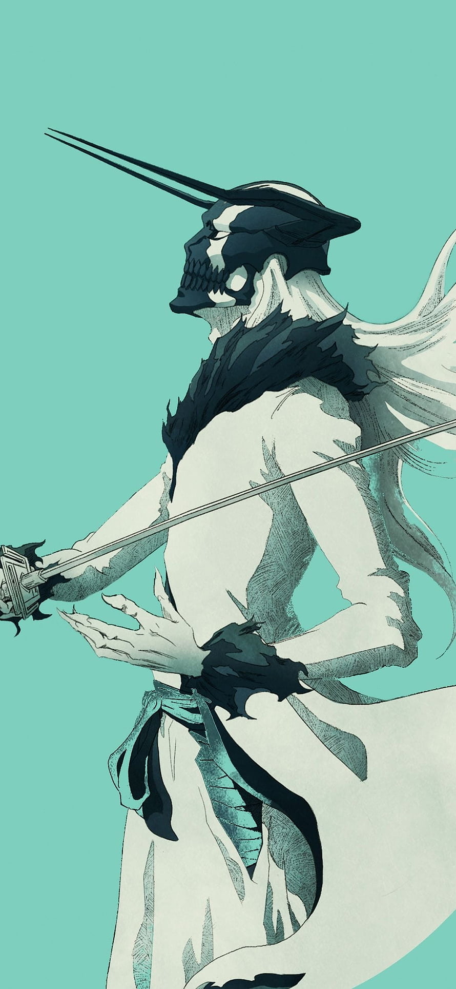 Anime Skeleton Warrior With Horned Helmet And Sword On Teal Background HD phone wallpaper