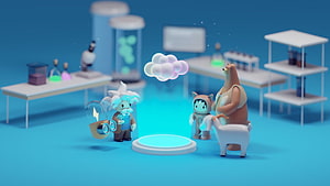 Salesforce 3D Character Scene with Scientist, Bear, and Goat in a Blue Laboratory Setting HD wallpaper