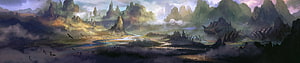 Mystical Fantasy Landscape with Misty Mountains and Winding River HD wallpaper