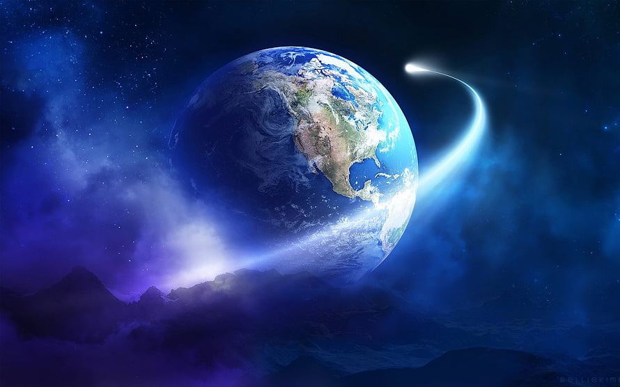 Earth Globe in Deep Space with Comet Trail and Nebula Clouds HD wallpaper