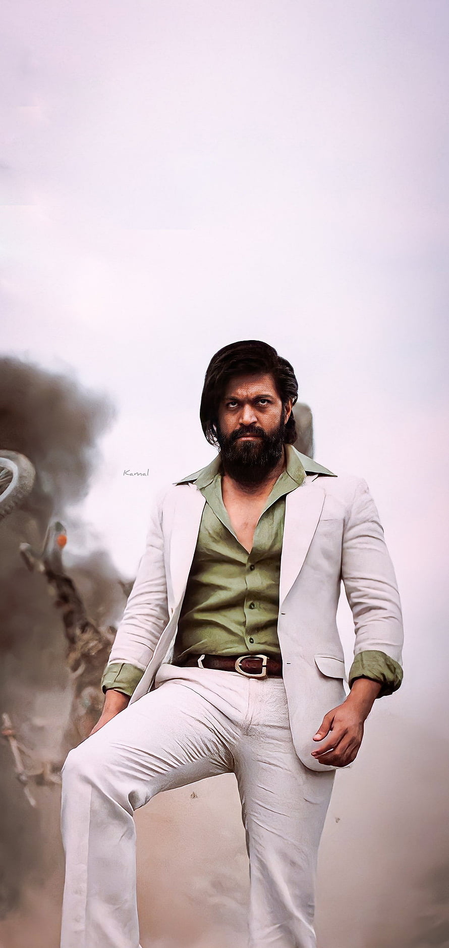 Allu Arjun in White Suit and Green Shirt with Motorcycle Explosion Background HD phone wallpaper