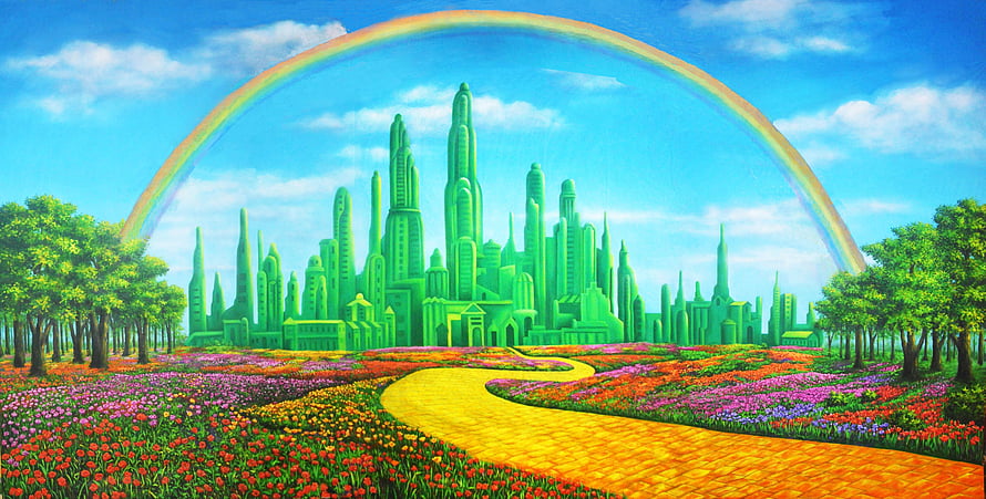 Emerald City from The Wizard of Oz with Rainbow and Flower Fields HD wallpaper