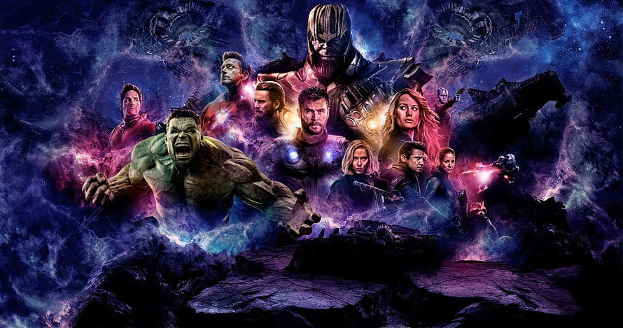 Avengers Endgame Team Assembled in Cosmic Battle Scene with Thanos and Hulk HD wallpaper