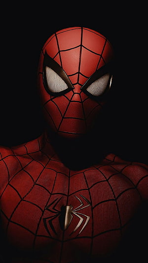 Spider-Man Suit Close-Up Portrait With Metallic Spider Emblem On Dark Background, Spiderman, superhero HD phone wallpaper