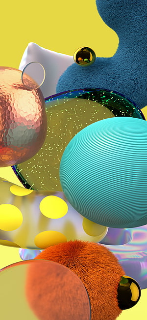 Vibrant 3D Abstract Composition with Textured Spheres and Iridescent Surfaces HD phone wallpaper