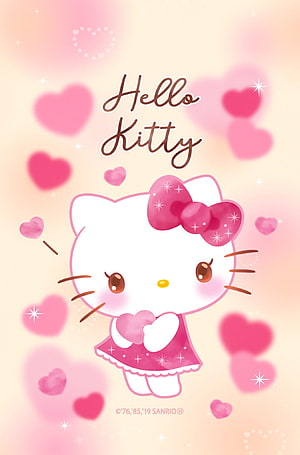 Cute Hello Kitty in Pink Dress Holding Heart with Sparkles and Hearts Background HD phone wallpaper