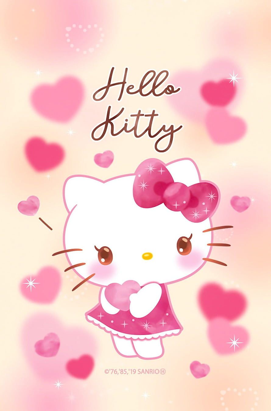 Cute Hello Kitty in Pink Dress Holding Heart with Sparkles and Hearts Background HD phone wallpaper