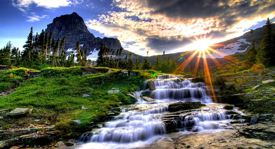 Sunset Over Mountain Waterfall With Sunburst And Pine Trees HD wallpaper