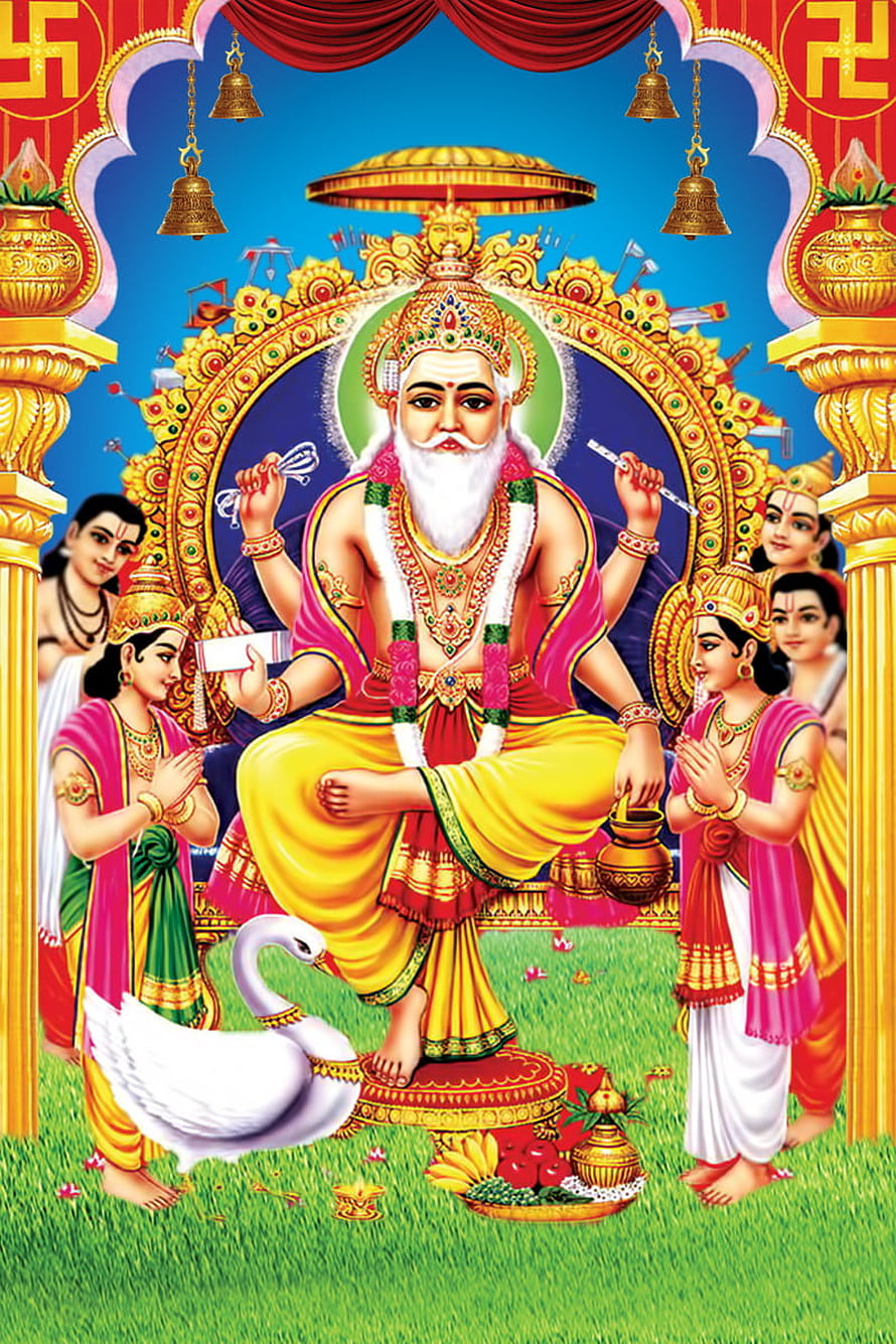 Lord Brihaspati Hindu God Illustration with Swan and Devotees HD phone wallpaper