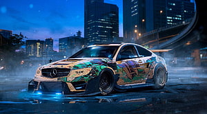 Custom Mercedes C63 AMG with graffiti wrap drifting on a wet city street at night HD wallpaper