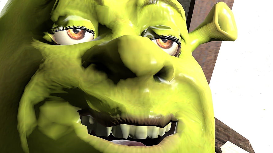 Close-Up of Shrek's Green Face with Wide Eyes and Open Mouth in 3D Animation Style HD wallpaper