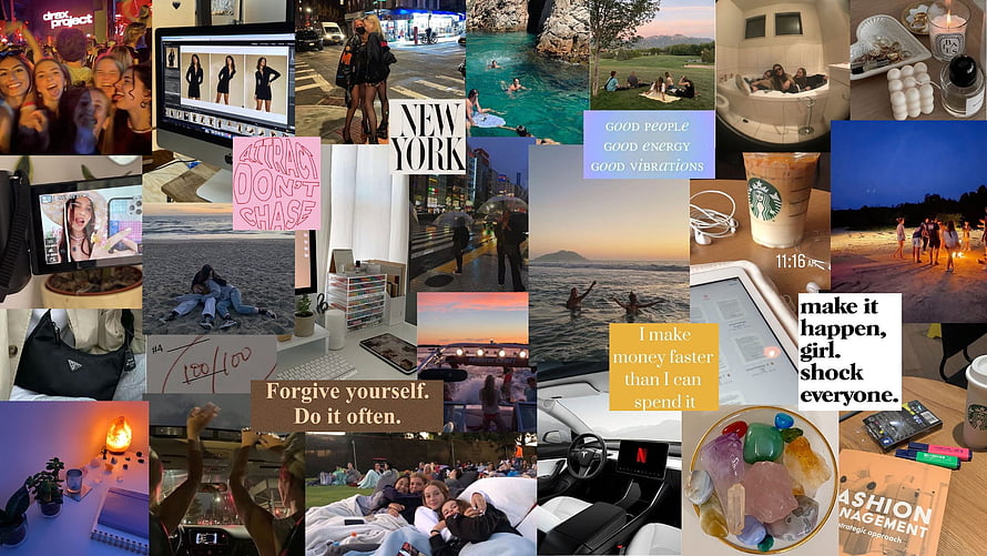 Inspirational Aesthetic Vision Board Collage with Motivational Quotes and Lifestyle Photos HD wallpaper