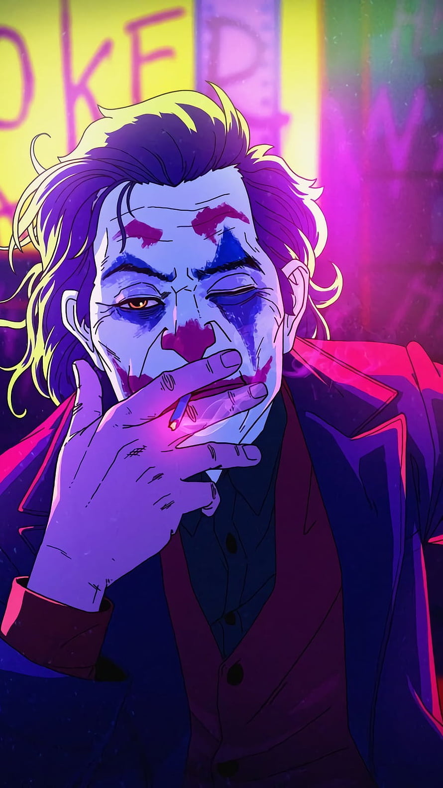 Joker Smoking Cigarette in Neon Purple and Pink Lighting HD phone wallpaper