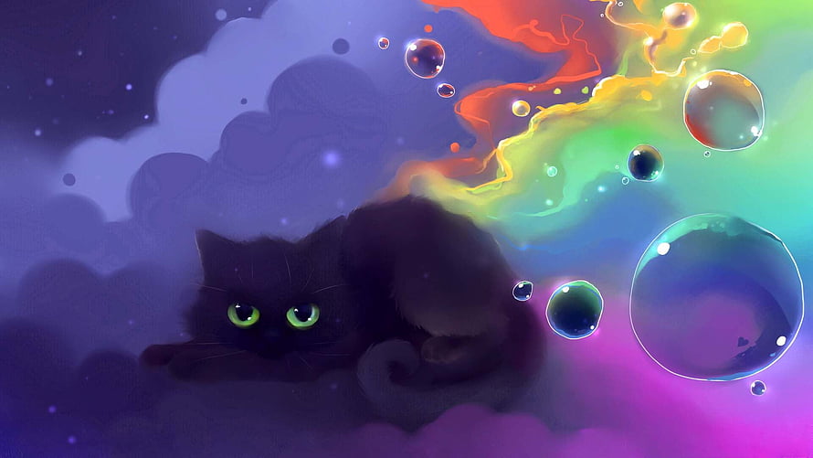 Dreamy Black Cat with Glowing Green Eyes Amidst Rainbow Bubbles and Clouds HD wallpaper