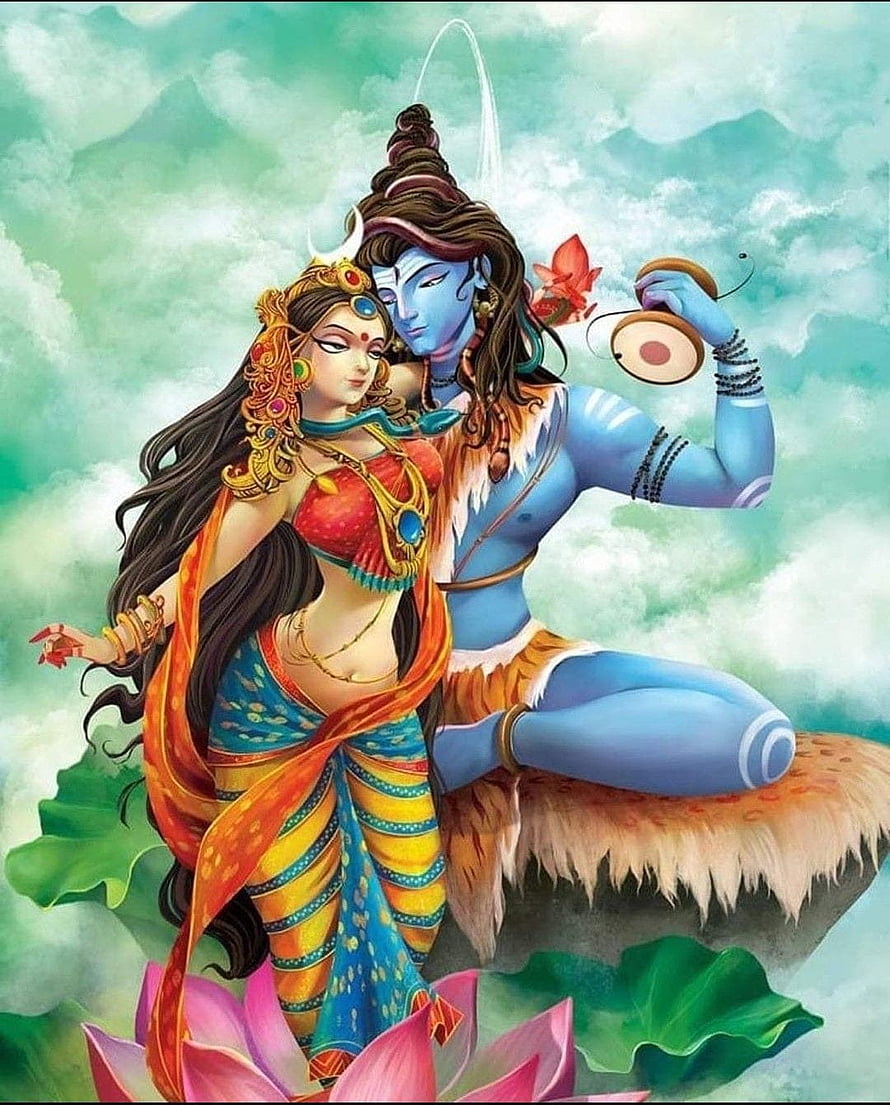 Lord Shiva and Parvati Divine Couple Digital Art with Lotus and Clouds HD phone wallpaper