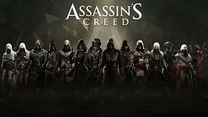 Assassin's Creed Legacy Lineup Featuring Every Main Protagonist in Iconic White and Red Robes HD wallpaper