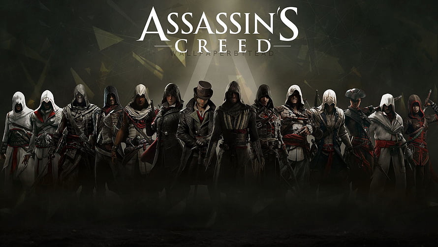 Assassin's Creed Legacy Lineup Featuring Every Main Protagonist in Iconic White and Red Robes HD wallpaper