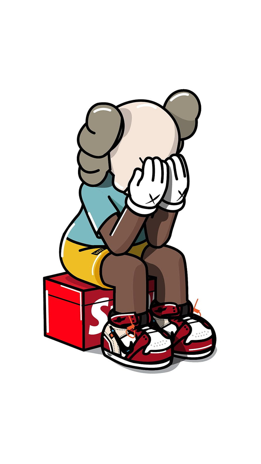 KAWS Companion Character Sitting on Red Shoe Box Wearing Sneakers HD phone wallpaper