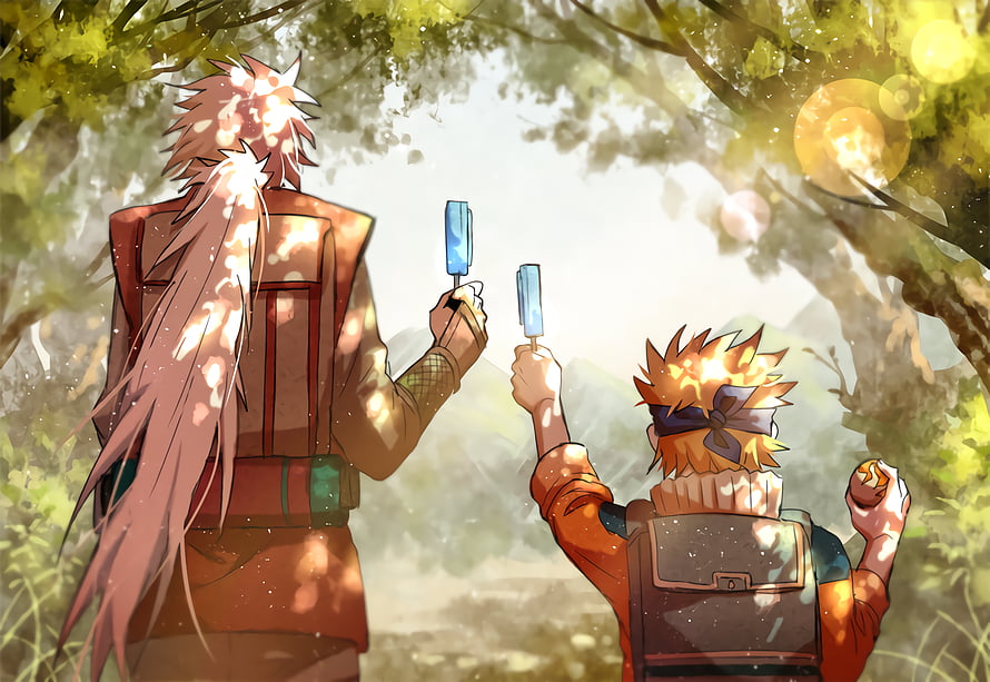 Naruto and Jiraiya Sharing Popsicles in a Sunlit Forest HD wallpaper