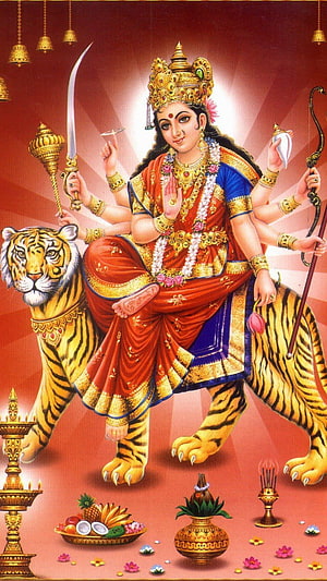 Goddess Durga Riding a Tiger with Multiple Arms and Sacred Weapons HD phone wallpaper