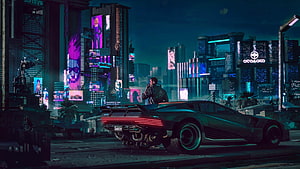 Cyberpunk 2077 Night City Street Scene with Futuristic Sports Car and Neon Skyscrapers HD wallpaper