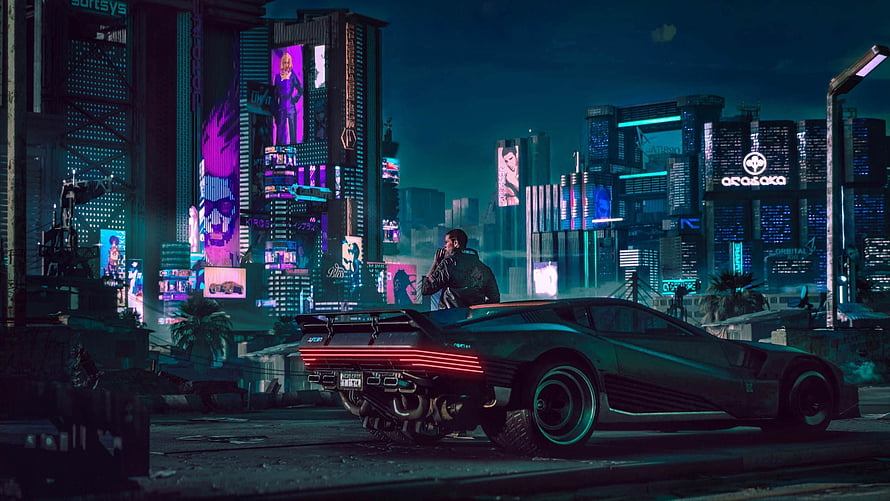 Cyberpunk 2077 Night City Street Scene with Futuristic Sports Car and Neon Skyscrapers HD wallpaper