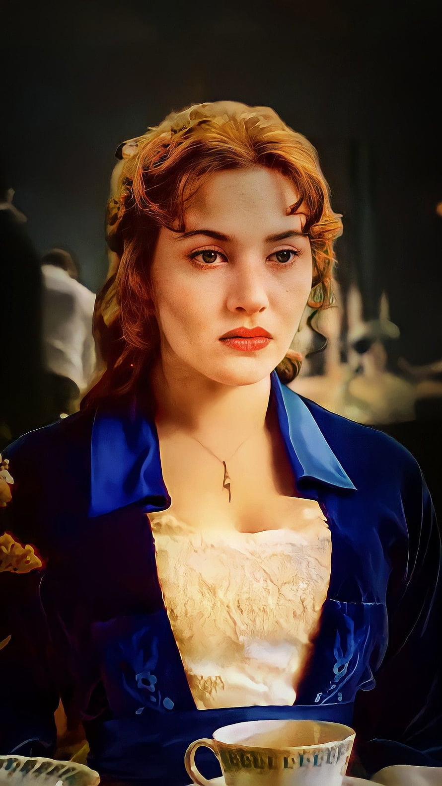 Kate Winslet as Rose in Titanic, vintage portrait with blue jacket and teacup HD phone wallpaper