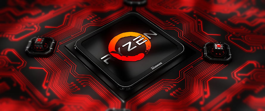 AMD Ryzen Processor on Red Circuit Board Background HD wallpaper