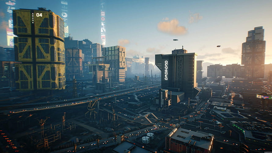 Cyberpunk 2077 Night City Skyline at Sunset with Arasaka Tower and Futuristic Architecture HD wallpaper