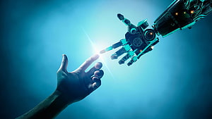 Human and Robotic Hand Reaching Toward Each Other in Futuristic Blue Light, How Artificial Intelligence is Creating Jobs In Slovenia HD wallpaper