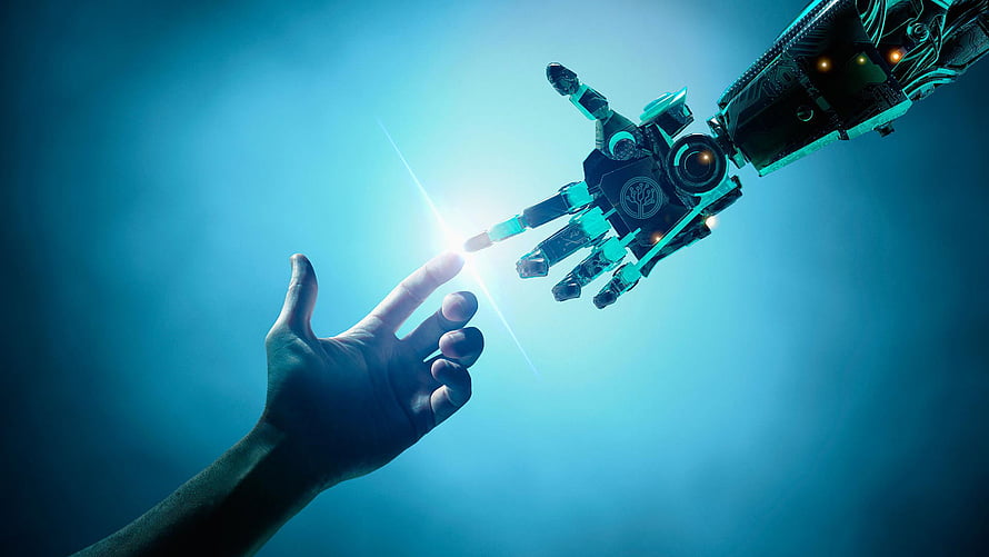 Human and Robotic Hand Reaching Toward Each Other in Futuristic Blue Light, How Artificial Intelligence is Creating Jobs In Slovenia HD wallpaper