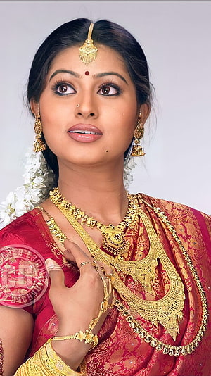 Sneha Tamil Actress in Traditional Red Saree with Gold Jewelry and Temple Flower Garland HD phone wallpaper