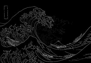 White Line Art of The Great Wave off Kanagawa with Mount Fuji and Boats on Black Background HD wallpaper