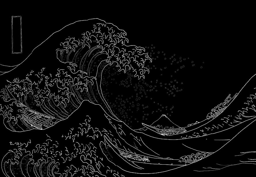 White Line Art of The Great Wave off Kanagawa with Mount Fuji and Boats on Black Background HD wallpaper