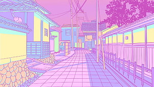 Pastel Japanese Alleyway Illustration with Cat and Traditional Houses HD wallpaper