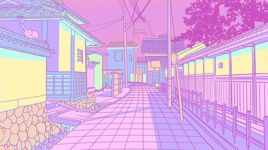 Pastel Japanese Alleyway Illustration with Cat and Traditional Houses HD wallpaper