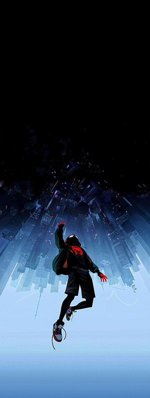 Miles Morales Falling Through a Futuristic Cityscape in a Dark Cyberpunk Style HD phone wallpaper