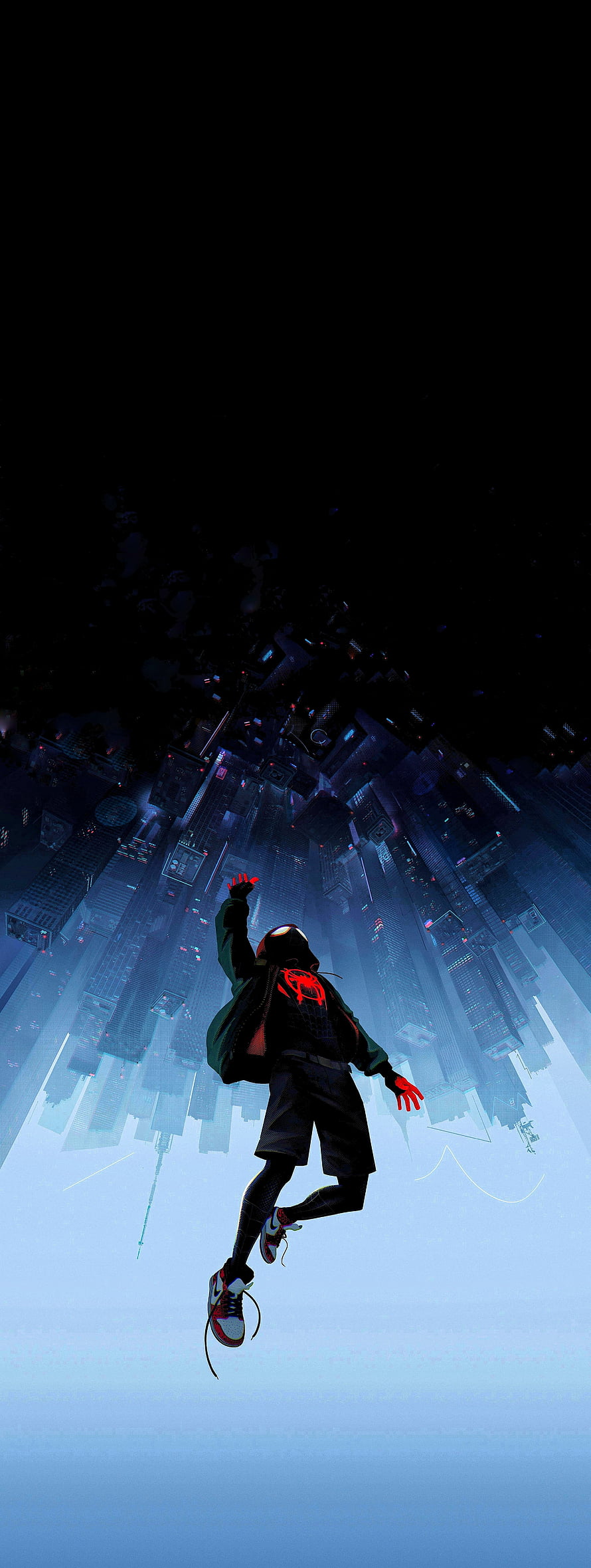 Miles Morales Falling Through a Futuristic Cityscape in a Dark Cyberpunk Style HD phone wallpaper
