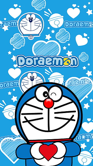 Doraemon Winking and Holding a Red Heart on a Blue Patterned Background HD phone wallpaper