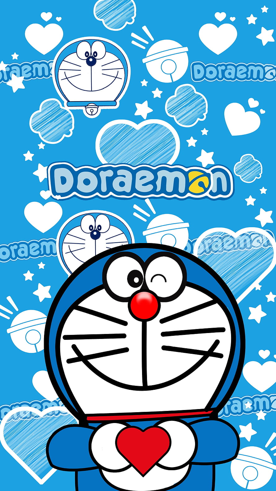 Doraemon Winking and Holding a Red Heart on a Blue Patterned Background HD phone wallpaper